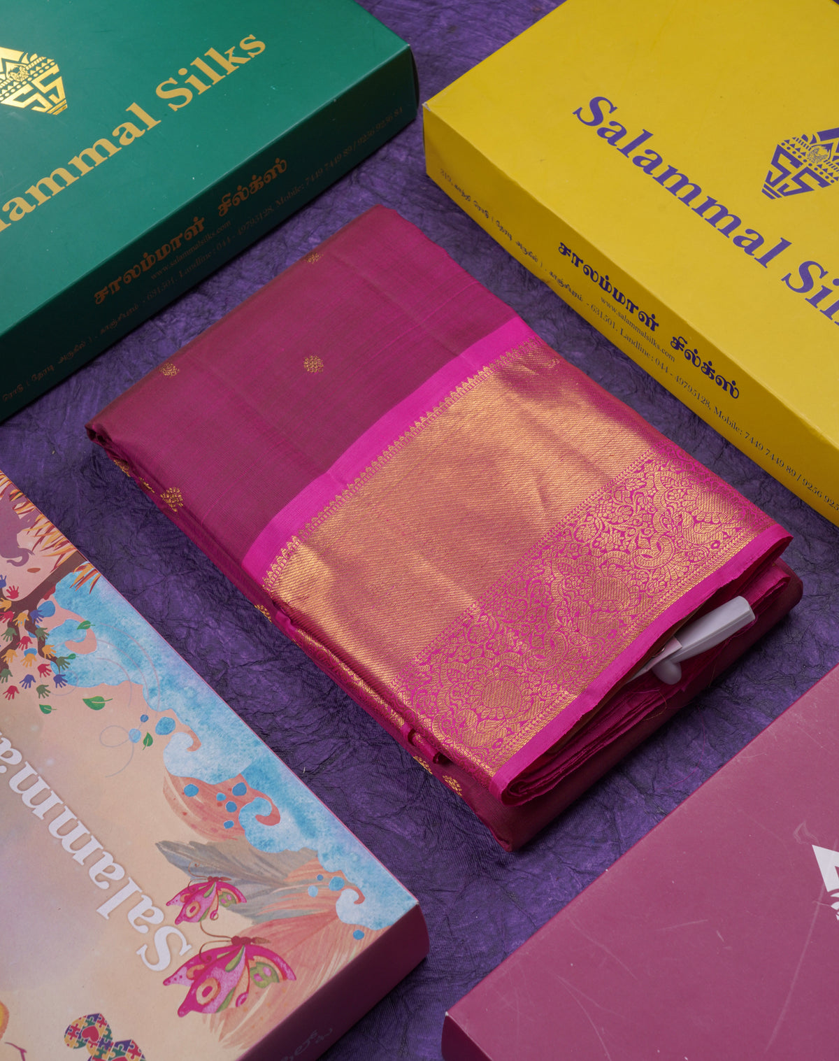 Beautiful Magenta Pure Kanjivaram Silk Saree With Contrast Pink Traditional Evening Morning Border