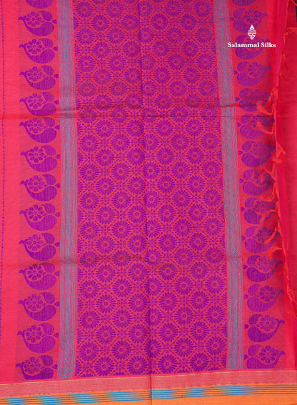 Beautiful Pinkish Peach Menakari Thread Butta Pure Cotton Saree With Contrast Mustard Yellow Plain Border