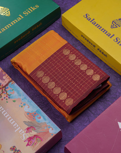 Beautiful Rust Orange Pure Kanjivaram Silk Saree With Contrast Dark Brown Traditional Border
