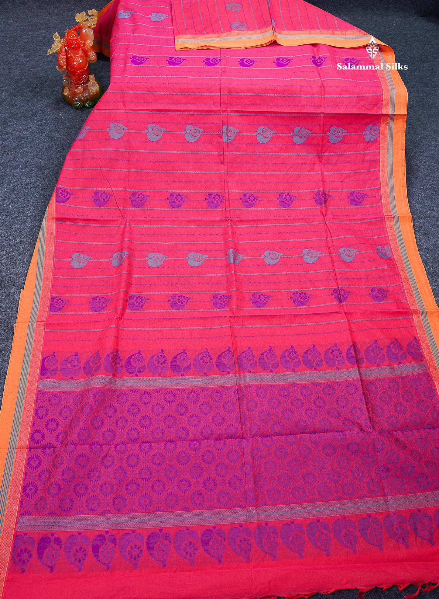 Beautiful Pinkish Peach Menakari Thread Butta Pure Cotton Saree With Contrast Mustard Yellow Plain Border