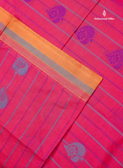 Beautiful Pinkish Peach Menakari Thread Butta Pure Cotton Saree With Contrast Mustard Yellow Plain Border