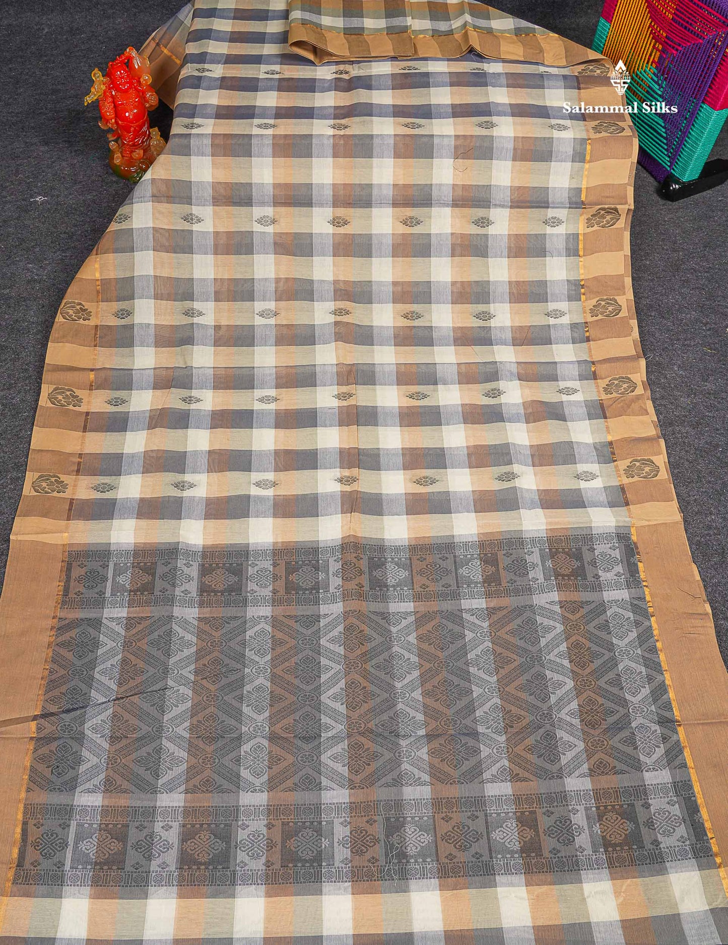 Pure Cotton Saree - Multicolor Body Checks With Thread Work Buttas