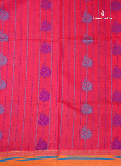 Beautiful Pinkish Peach Menakari Thread Butta Pure Cotton Saree With Contrast Mustard Yellow Plain Border