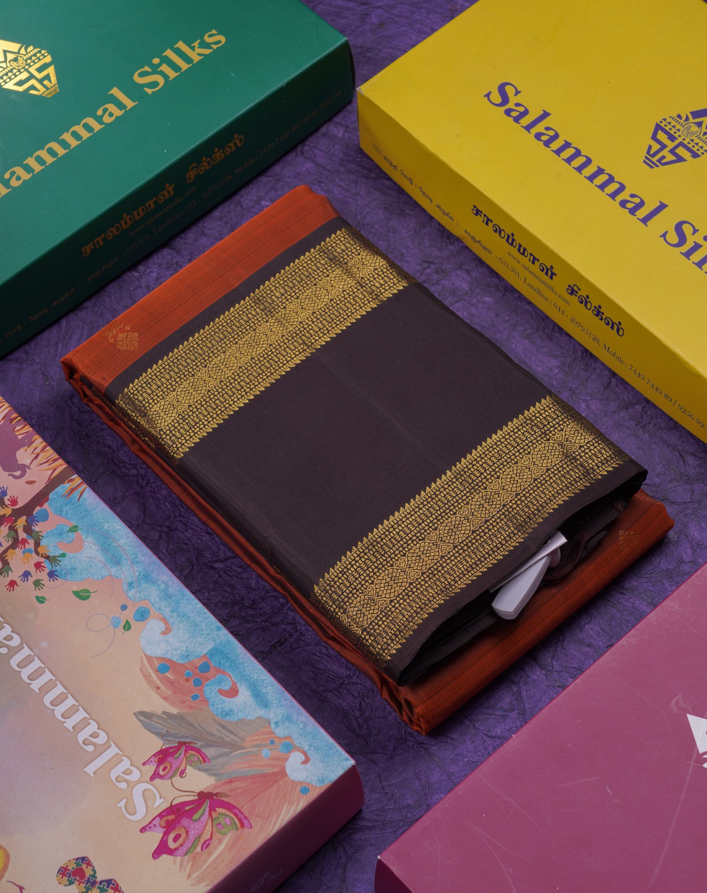 Beautiful Rust Orange Pure Kanjivaram Silk Saree With Contrast Dark Brown Rettapet Traditional Border