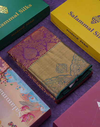 Beautiful Violet Bridal Pure Kanjivaram Silk Saree With Contrast Saffire Green Border