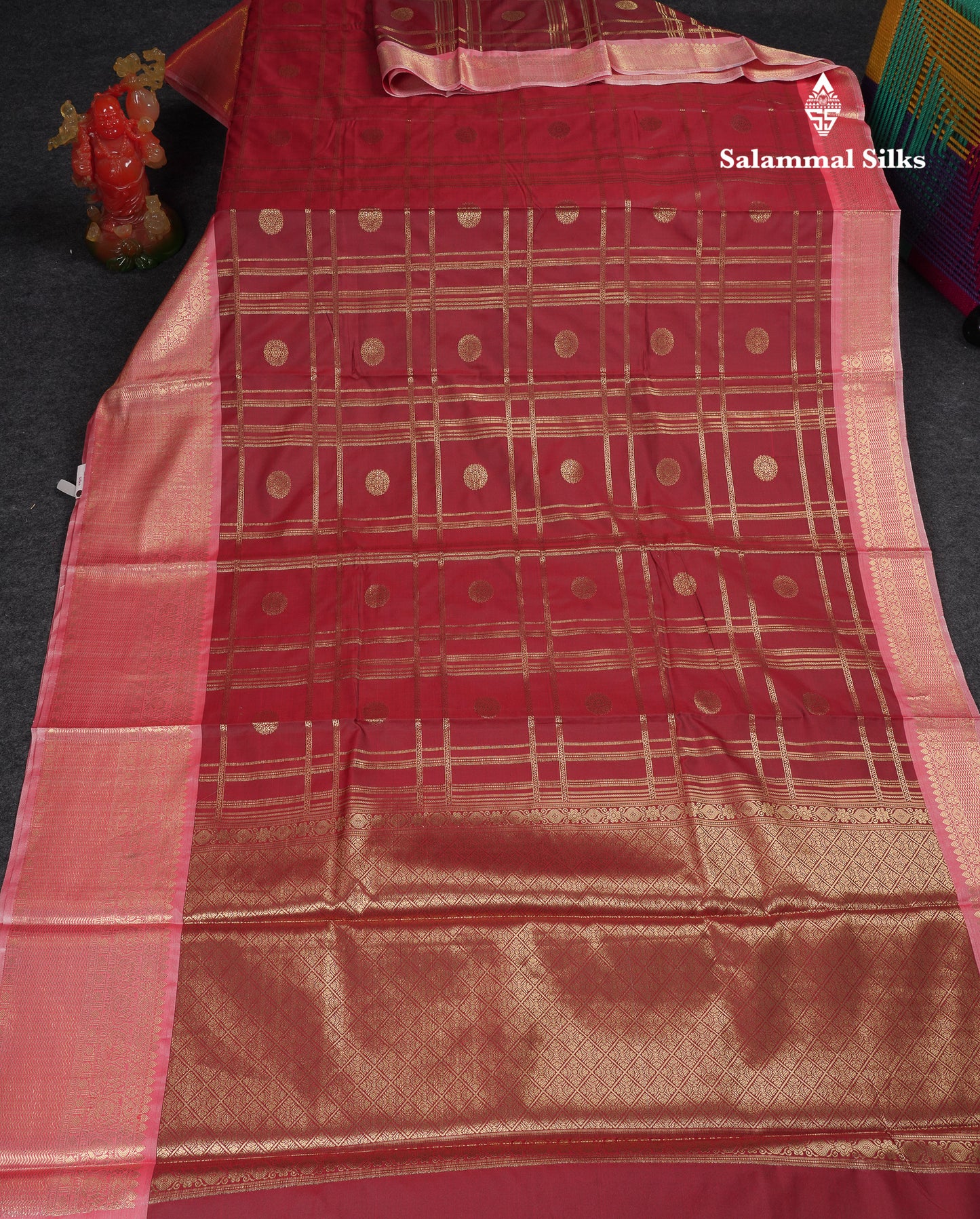 Beautiful Maroon Checks With Butta Cotton Mix Saree With Contrast Dark Peach Traditional Evening Morning Border