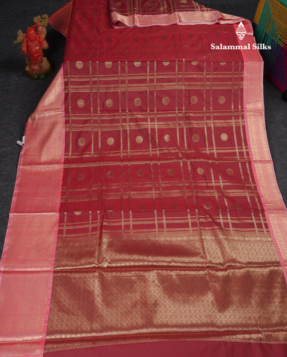 Beautiful Maroon Checks With Butta Cotton Mix Saree With Contrast Dark Peach Traditional Evening Morning Border