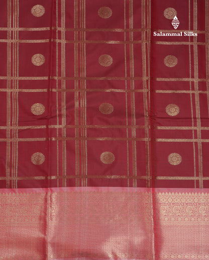 Beautiful Maroon Checks With Butta Cotton Mix Saree With Contrast Dark Peach Traditional Evening Morning Border