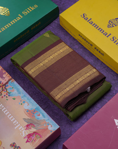 Beautiful Olive Green Pure Kanjivaram Silk Saree With Contrast Dual Tone Magenta Traditional Border