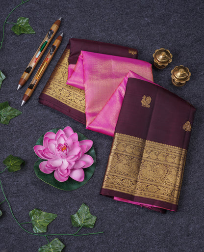 Korvai Beautiful Pink Tissue Bridal Pure Kanjivaram Silk Saree With Contrast Dark Wine Traditional Border