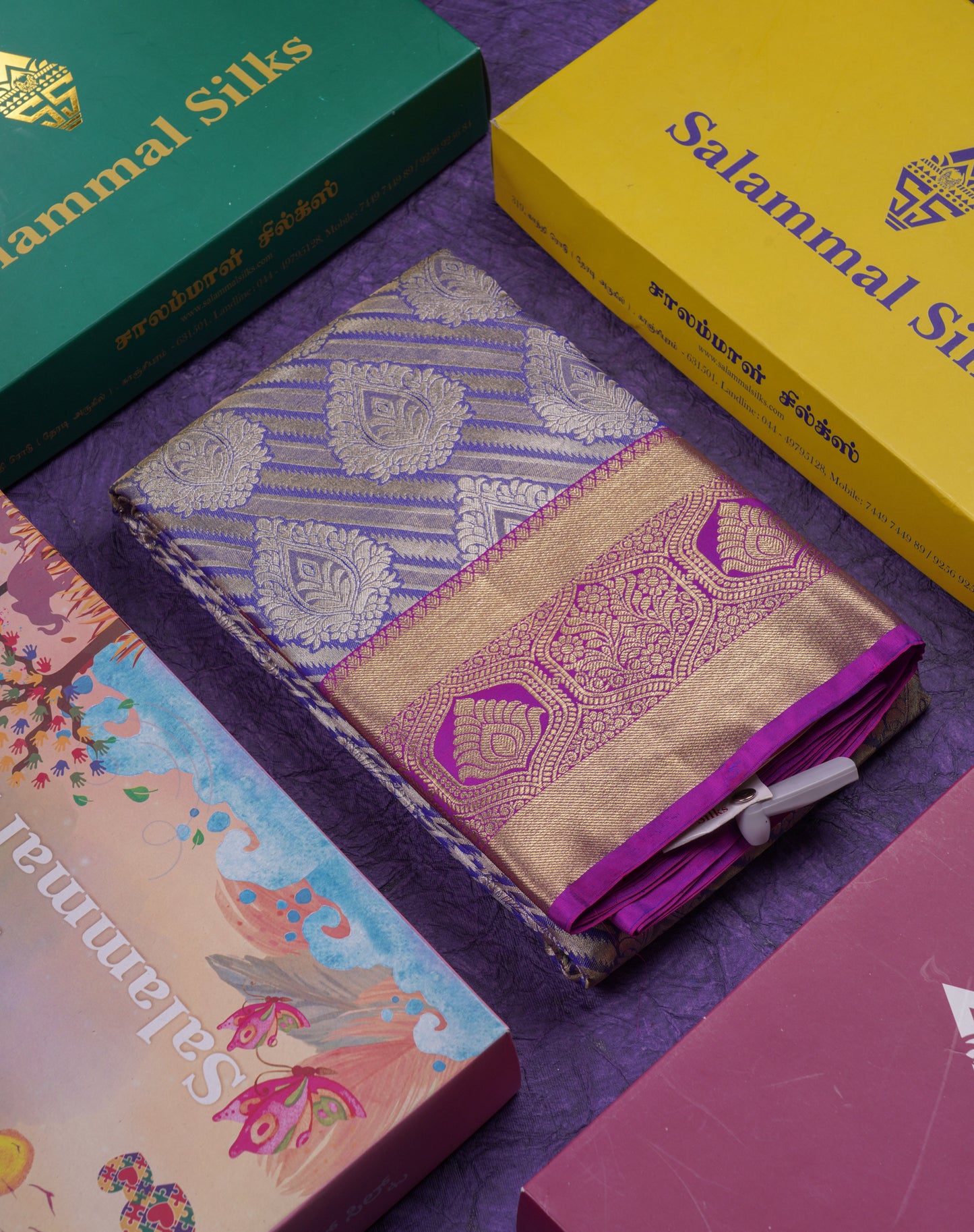 Beautiful Violet Tissue Bridal Puremix Silk Saree With Contrast Vadamalli Traditional Border