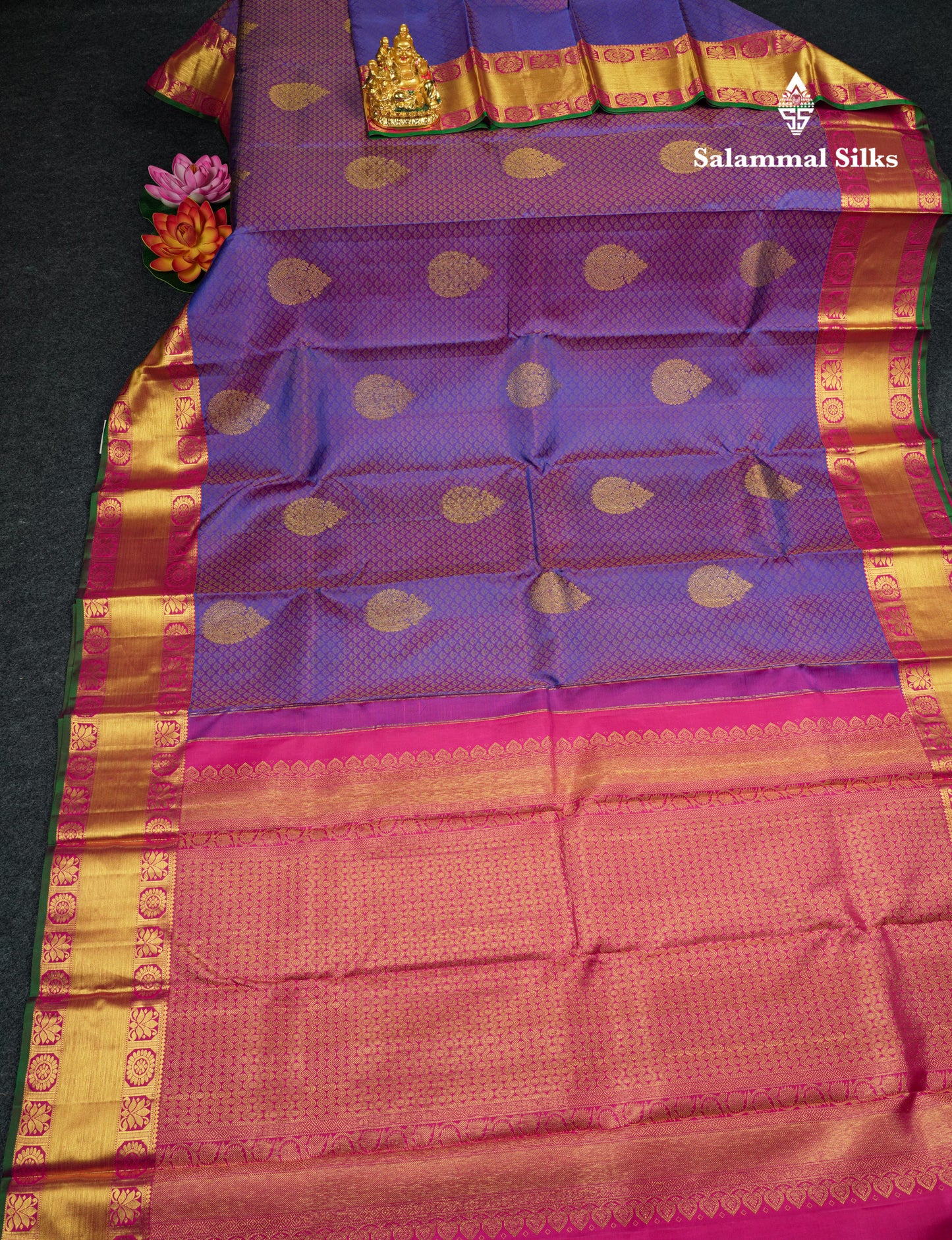 Kanjivaram Violet Pure Silk Jacquard Saree With Pink Blouse