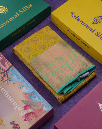 Beautiful Lemon Yellow Bridal Pure Kanjivaram Silk Saree With Contrast Elaichi Green Traditional Evening Morning Border