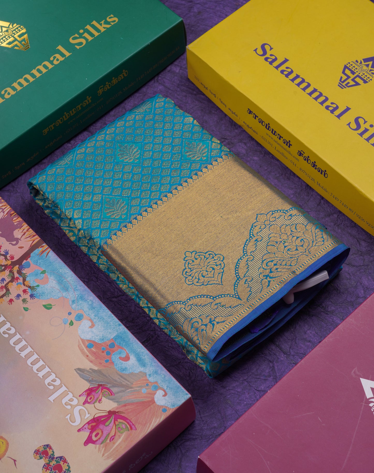 Beautiful Blue Bridal Pure Kanjivaram Silk Saree With Contrast Violet Blouse