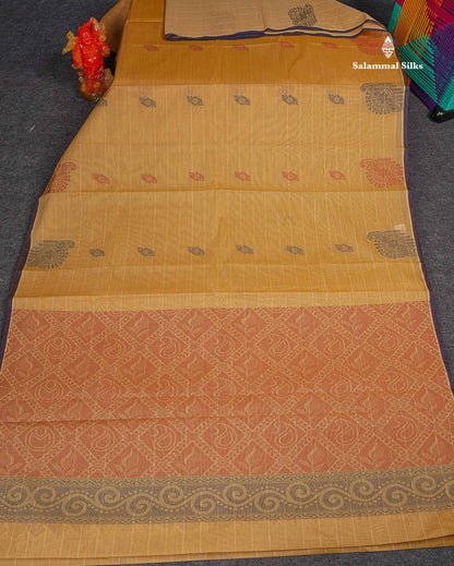 Pure Cotton Saree - Sandal Colour Body Lines With Fancy Thread Work Buttas