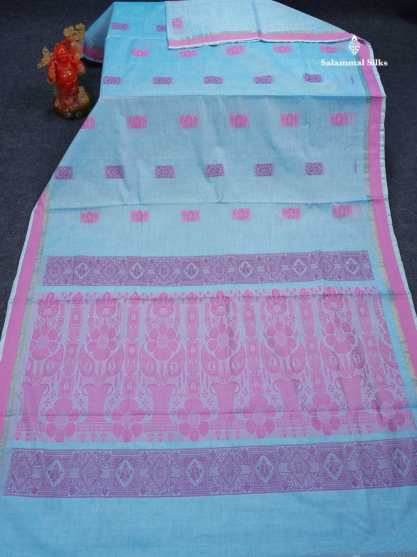 Beautiful Light Blue Menakari Thread Butta Pure Cotton Saree With Blouse