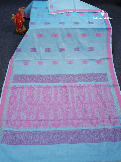 Beautiful Light Blue Menakari Thread Butta Pure Cotton Saree With Blouse