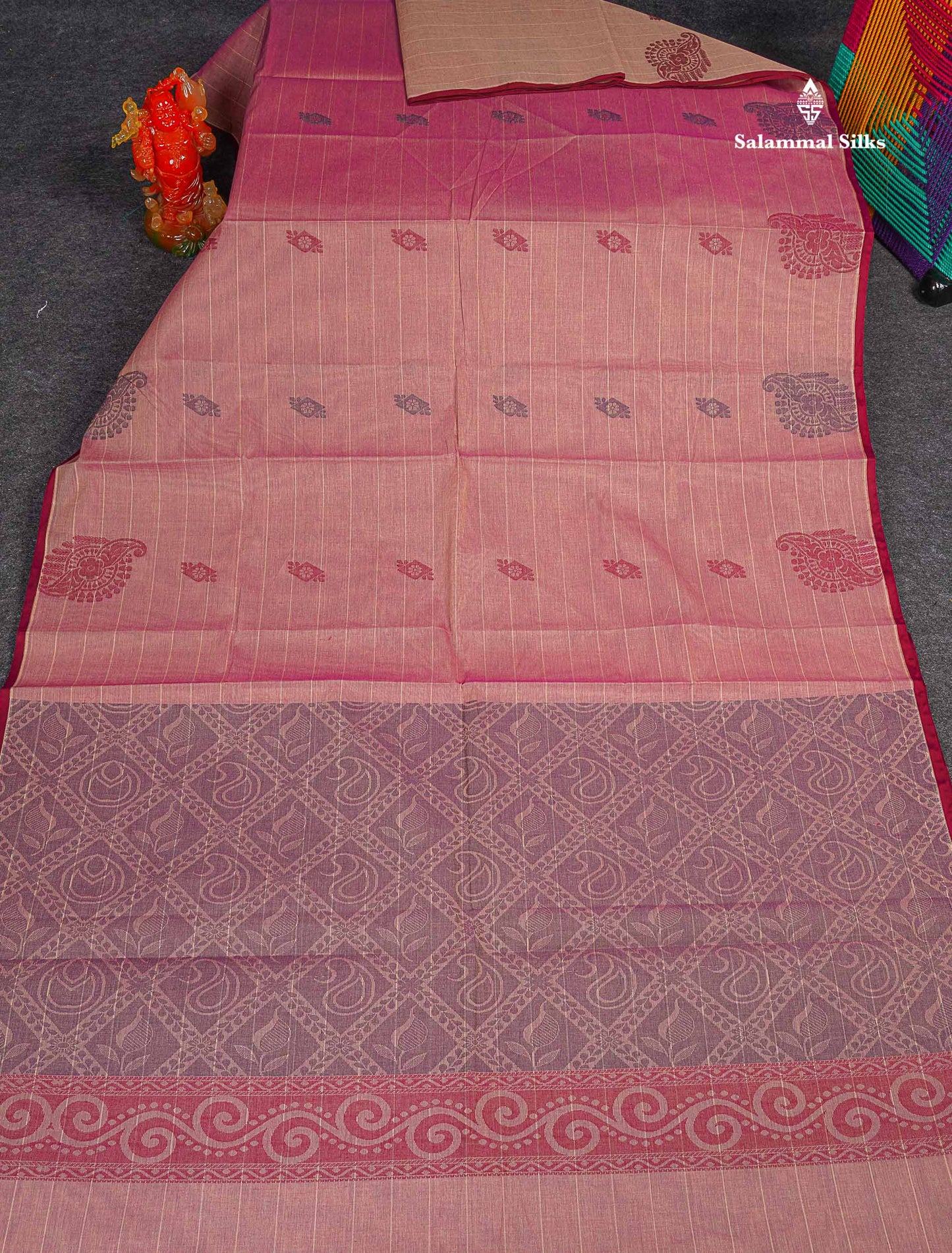 Pure Cotton Saree - Pinkish Maroon Colour Body Lines With Fancy Thread Work Buttas