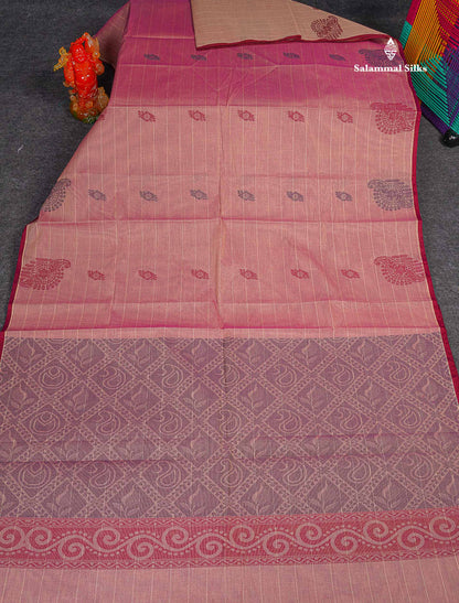 Pure Cotton Saree - Pinkish Maroon Colour Body Lines With Fancy Thread Work Buttas
