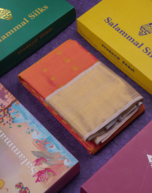 Beautiful Pinkish Orange Vaira Oosi With Butta Semi Silk Saree With Contrast Sandal Traditional Border