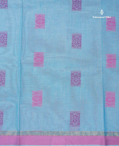 Beautiful Light Blue Menakari Thread Butta Pure Cotton Saree With Blouse