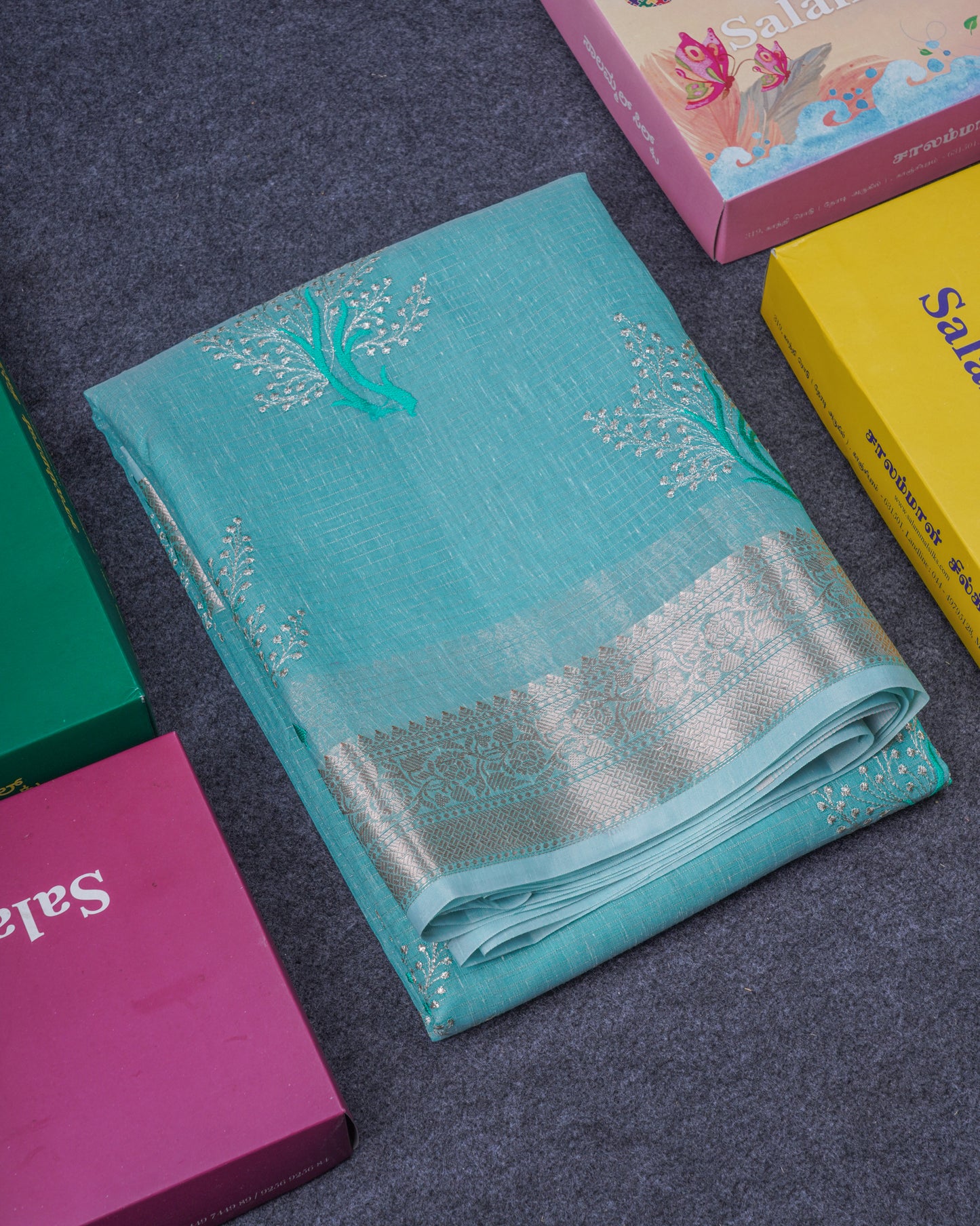 Beautiful Sapphire Green Embroidery Work Mixed Cotton Saree With Small Border