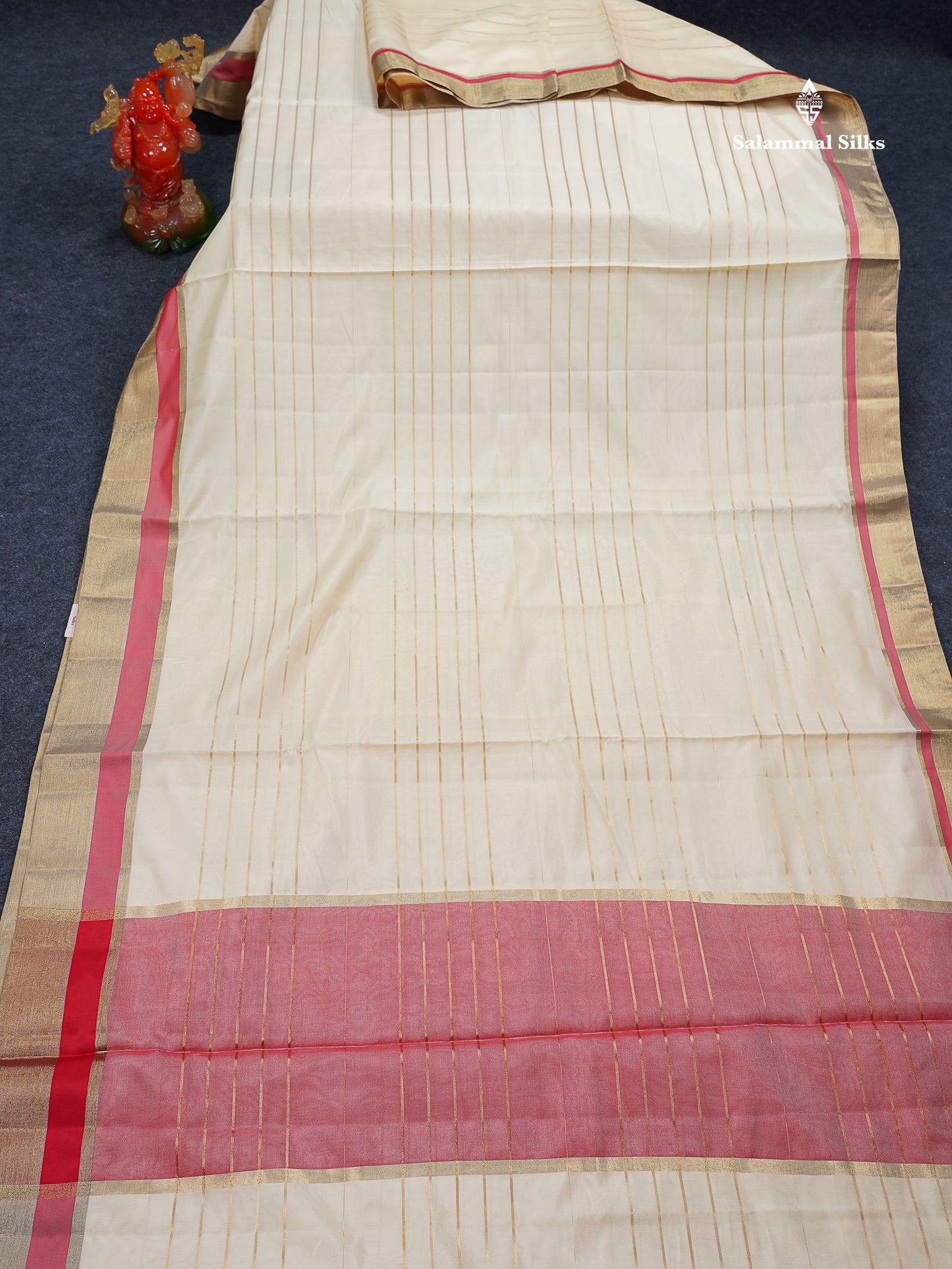 Beautiful Half White Zari Lines Semi Tussar Fancy Saree With Contrast Tomato Red Blouse