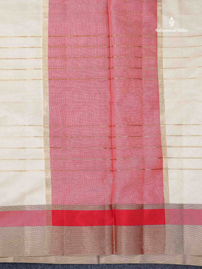 Beautiful Half White Zari Lines Semi Tussar Fancy Saree With Contrast Tomato Red Blouse