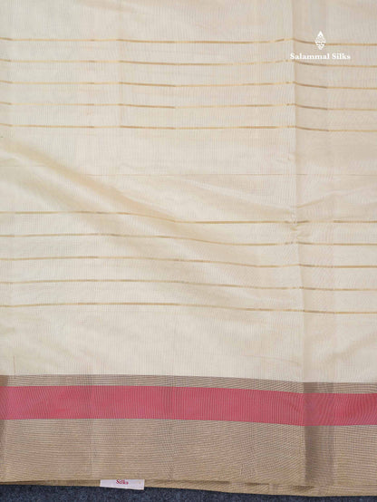 Beautiful Half White Zari Lines Semi Tussar Fancy Saree With Contrast Tomato Red Blouse