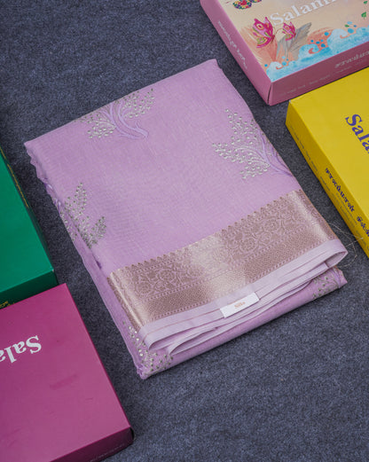 Beautiful Sapphire Green Embroidery Work Mixed Cotton Saree With Small Border