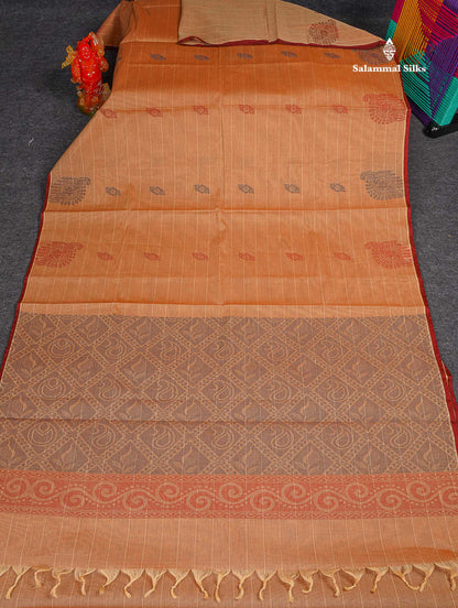 Pure Cotton Saree - Light Brown Colour Body Lines With Fancy Thread Work Buttas