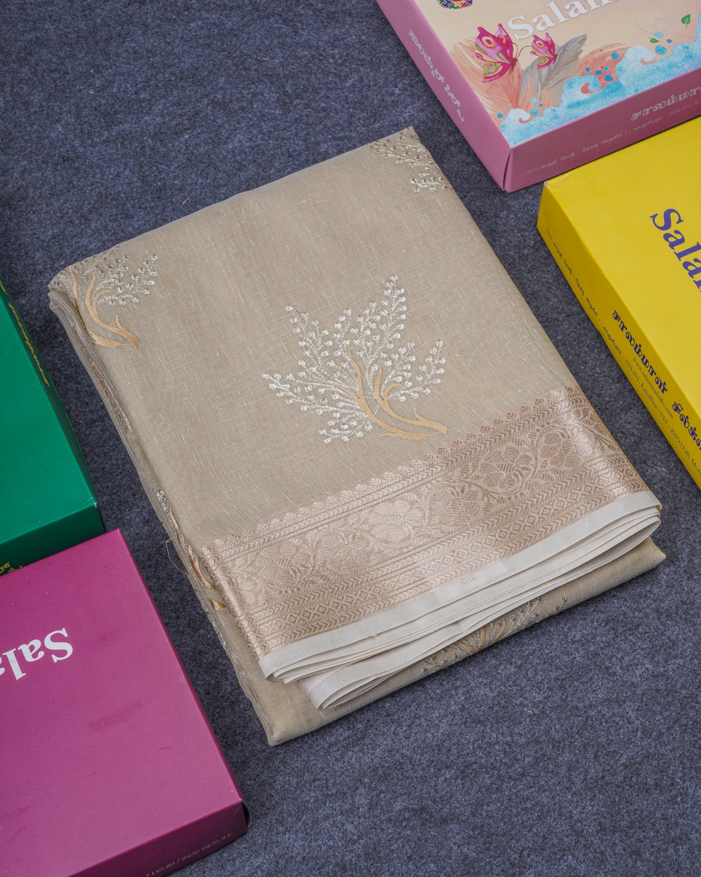 Beautiful Sapphire Green Embroidery Work Mixed Cotton Saree With Small Border