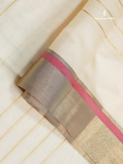 Beautiful Half White Zari Lines Semi Tussar Fancy Saree With Contrast Tomato Red Blouse