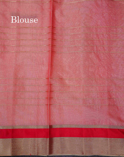 Beautiful Half White Zari Lines Semi Tussar Fancy Saree With Contrast Tomato Red Blouse