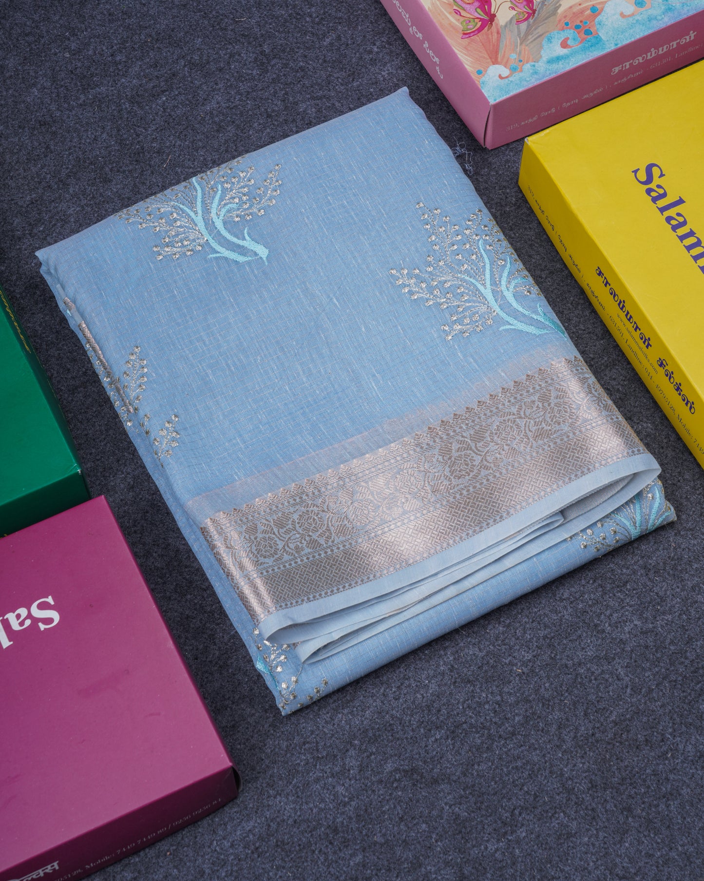 Beautiful Sapphire Green Embroidery Work Mixed Cotton Saree With Small Border