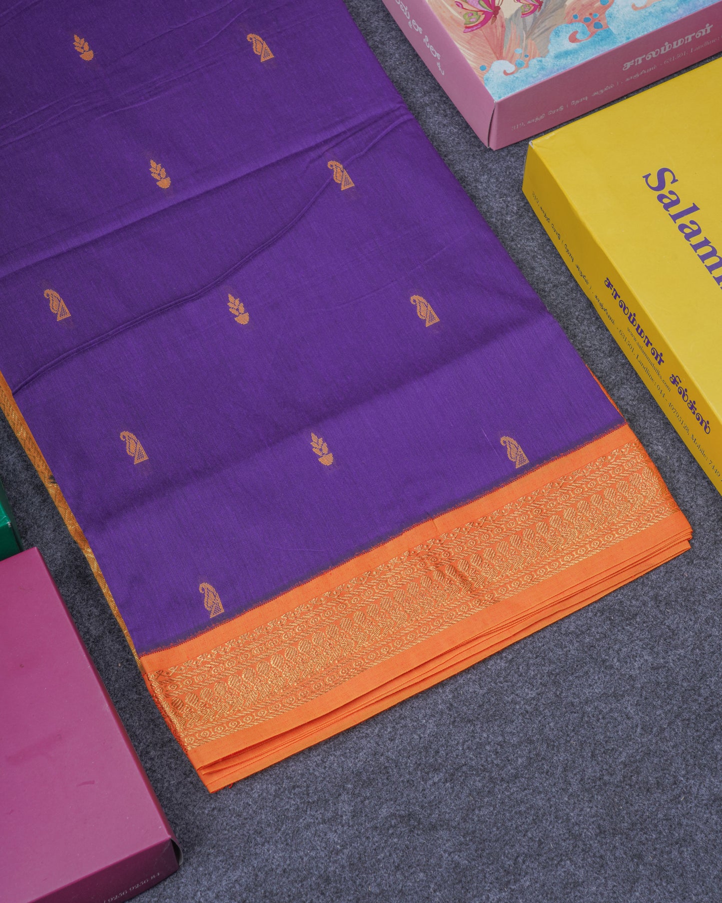 Violet Kalyani Cotton Saree With Contrast Mustard Yellow Blouse