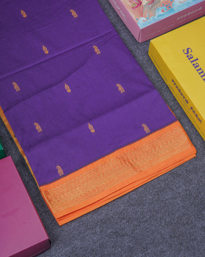 Violet Kalyani Cotton Saree With Contrast Mustard Yellow Blouse