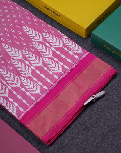 Beautiful Baby Pink Pochampalli Pure Kanjivaram Silk Saree With Contrast Pink Border