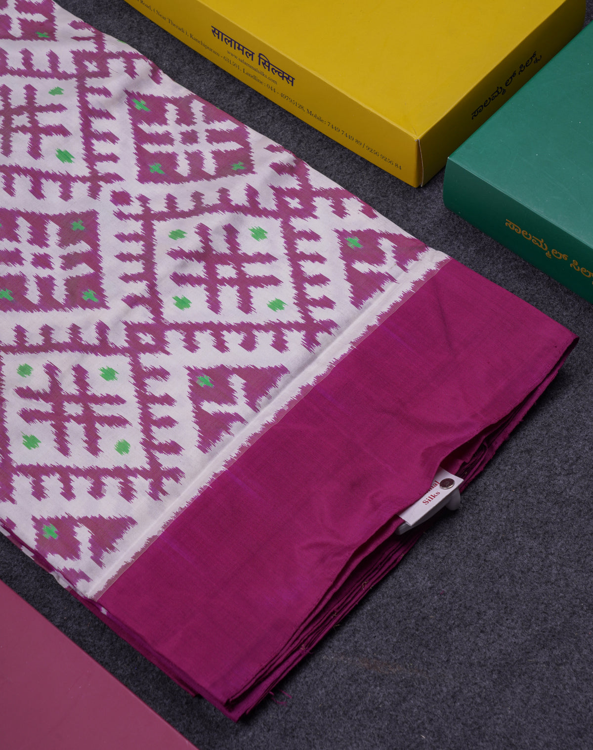 Beautiful White Pochampalli Pure Kanjivaram Silk Saree With Contrast Magenta Plain Border