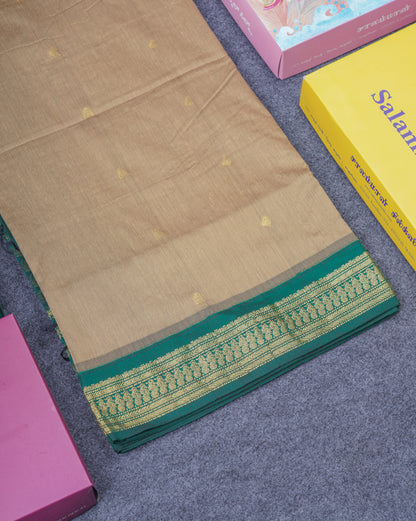 Dark Sandal Kalyani Cotton Saree With Contrast Bottle Green Blouse