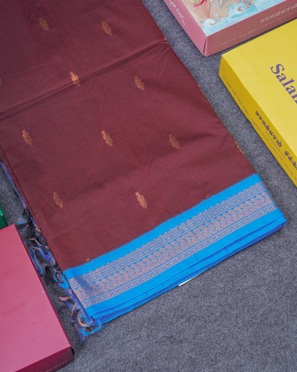 Dark Brown Kalyani Cotton Saree With Contrast Ananda Blue Blouse