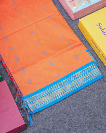 Mango Yellow Kalyani Cotton Saree With Contrast Dual Tone Violet Blouse