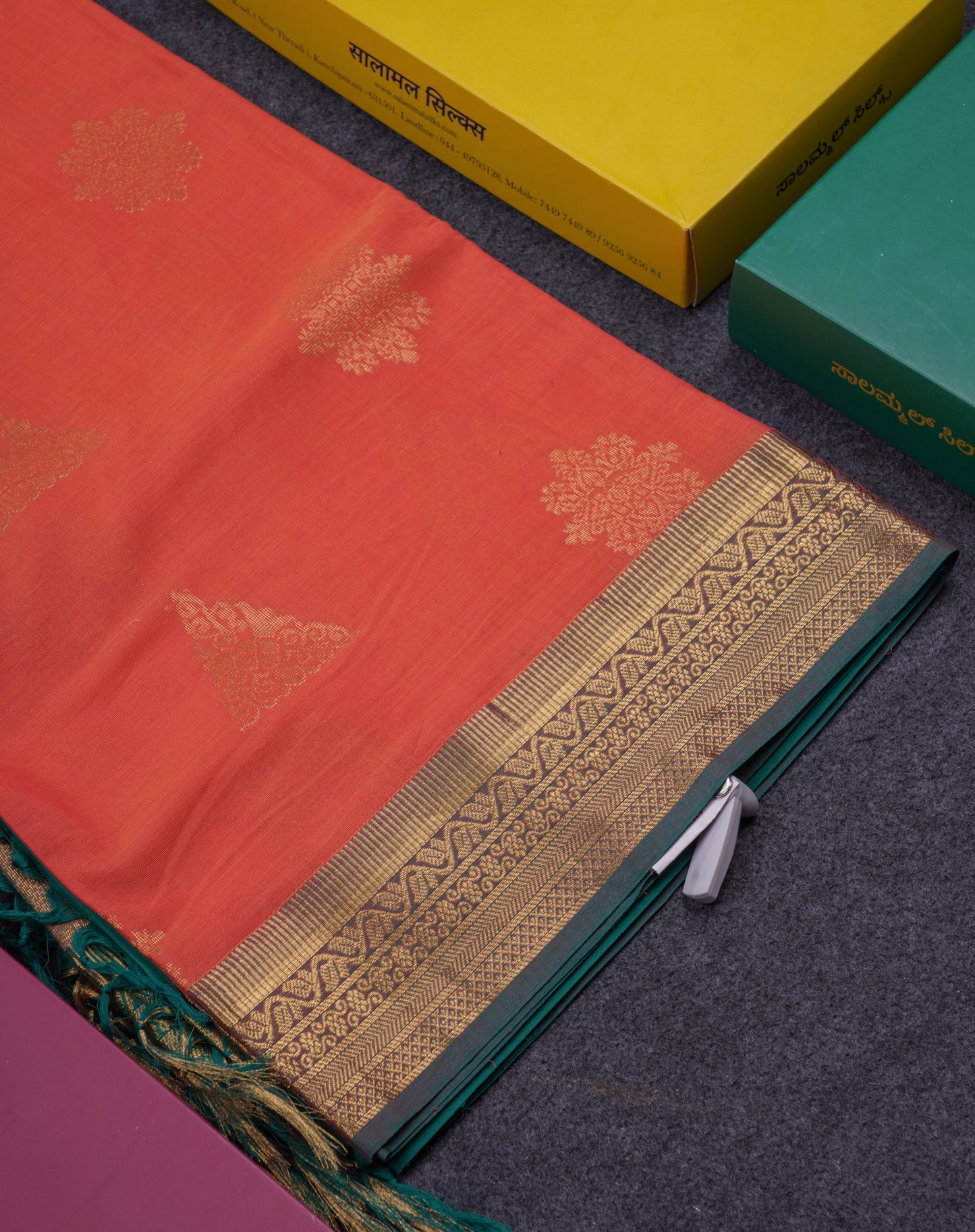 Beautiful Peach Cotton Mix Saree With Contrast Saffire Green Traditional Border