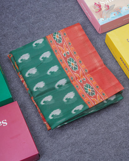 Beautiful Peacock Green Mixed Cotton Saree With Contrast Violet Blouse