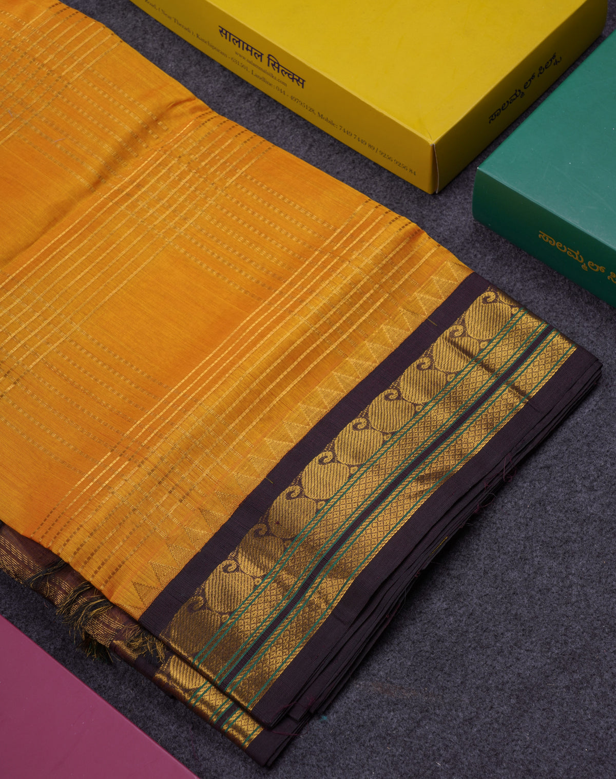 Beautiful Yellow Pure Silk Cotton Saree With Contrast Dark Violet Traditional Border
