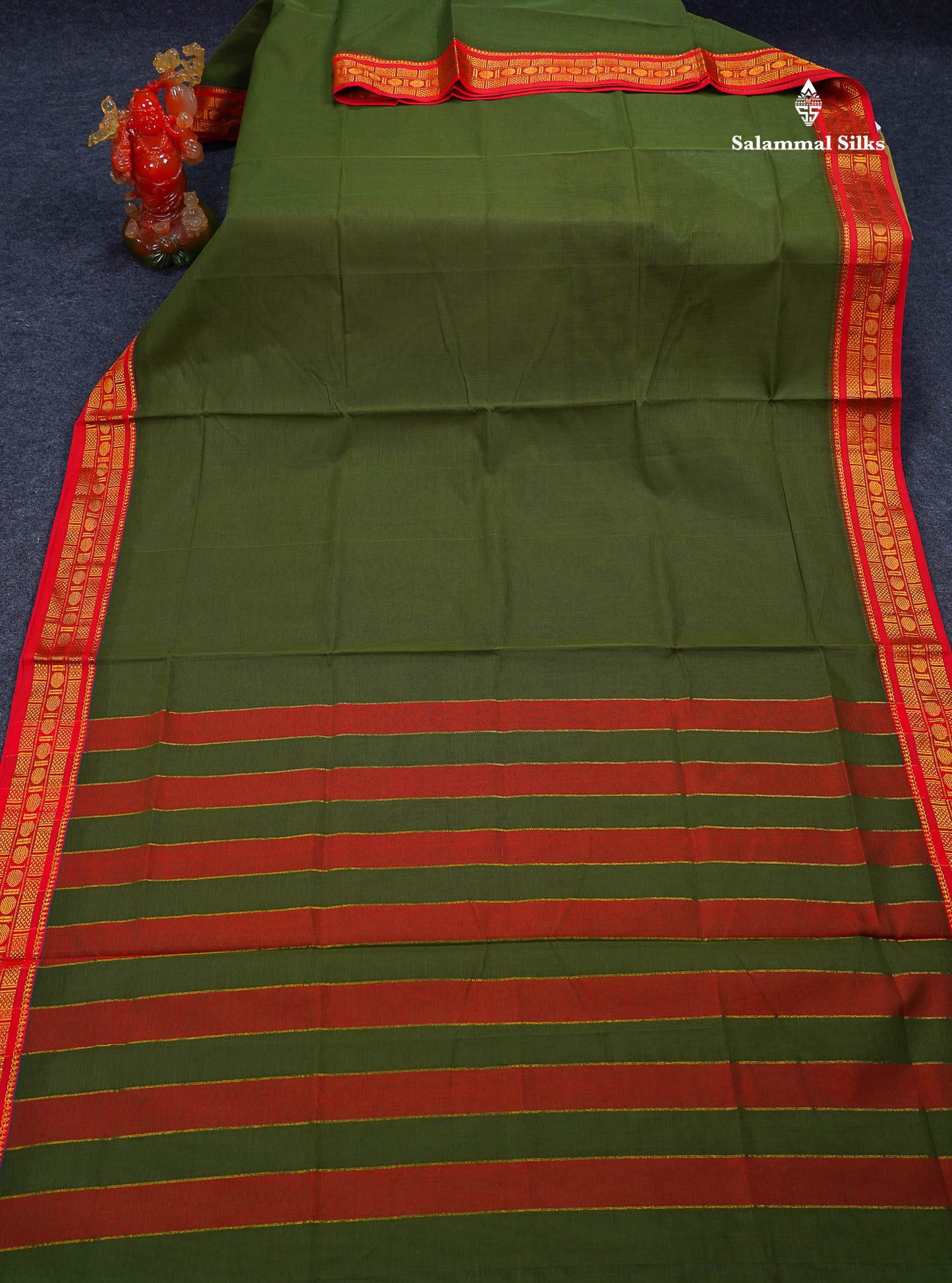 Beautiful Olive Green Plain Pure Cotton Saree With Contrast Chilly Red Traditional Border