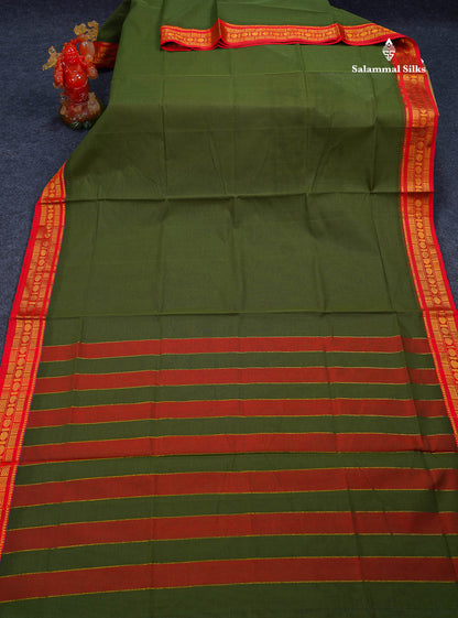 Beautiful Olive Green Plain Pure Cotton Saree With Contrast Chilly Red Traditional Border