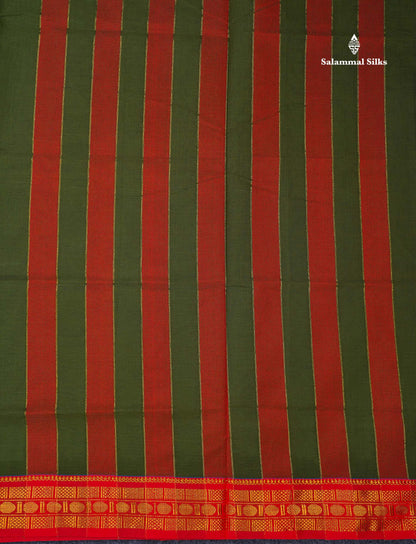 Beautiful Olive Green Plain Pure Cotton Saree With Contrast Chilly Red Traditional Border
