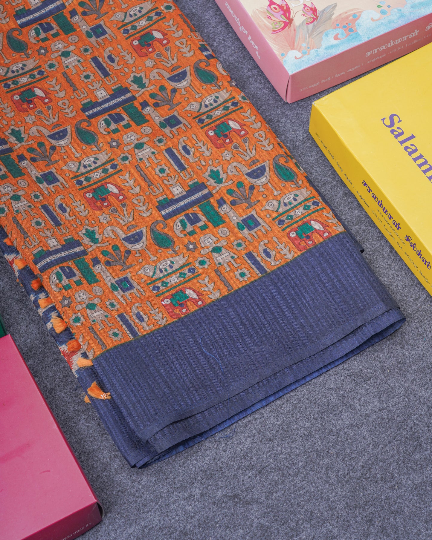 Mustard Yellow Semi Tussar Fancy Saree With Contrast Navy Blue Blouse