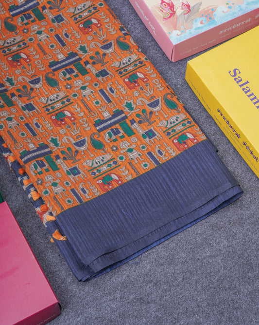 Mustard Yellow Semi Tussar Fancy Saree With Contrast Navy Blue Blouse